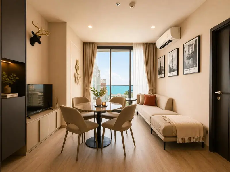 Espace de vie lumineux avec canapé, table et télévision.