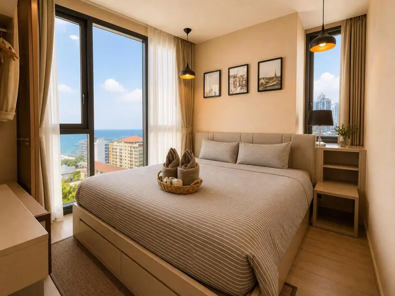 Une chambre lumineuse avec un grand lit et une vue sur la mer.