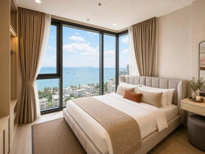 Une chambre lumineuse avec un grand lit et une vue sur la mer.