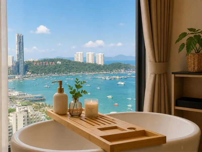 Une baignoire avec des accessoires de toilette est placée devant une grande fenêtre offrant une vue sur la mer et la ville.