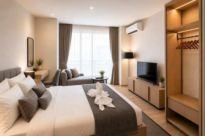 Une chambre lumineuse avec un grand lit et un espace salon.