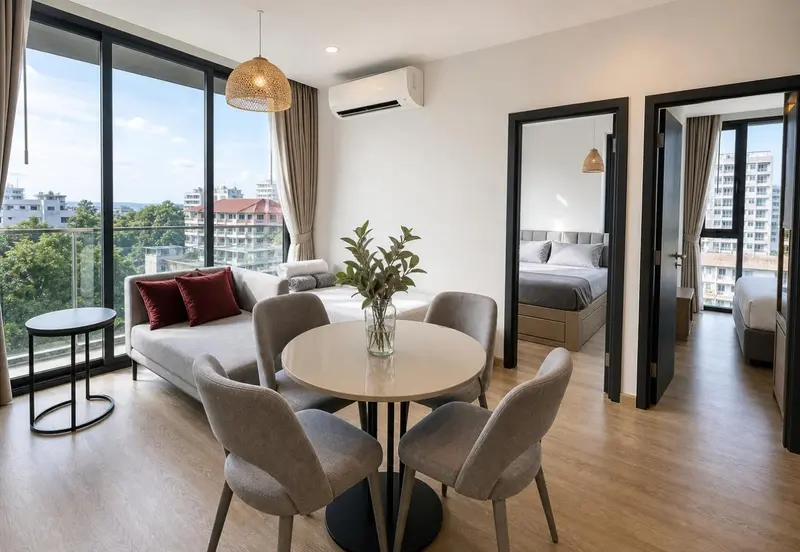 Un salon lumineux avec coin repas donnant sur une vue urbaine.