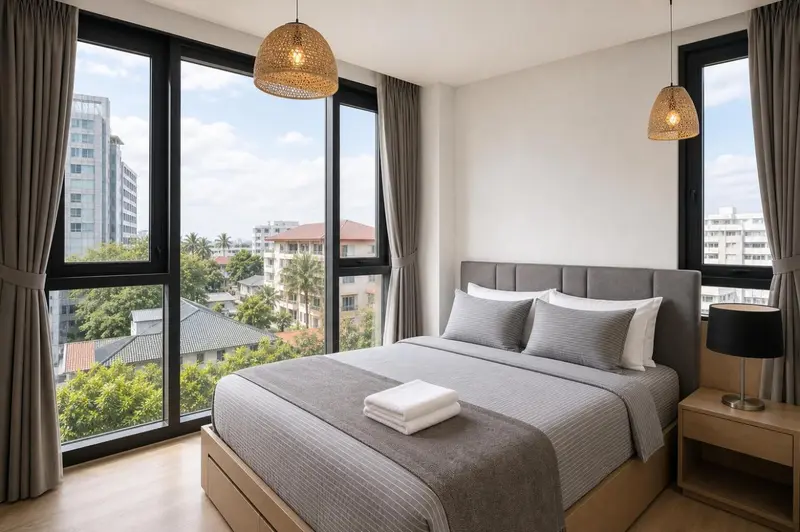 Une chambre lumineuse avec un grand lit et une vue sur la ville.