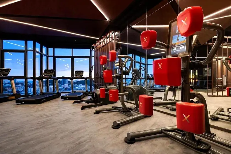 Une salle de sport moderne avec des équipements de musculation et une vue sur la ville.