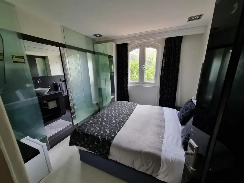 Une chambre moderne avec un lit et une salle de bain attenante.