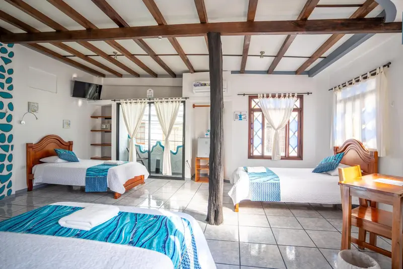 Chambre lumineuse avec lits simples et décoration colorée.