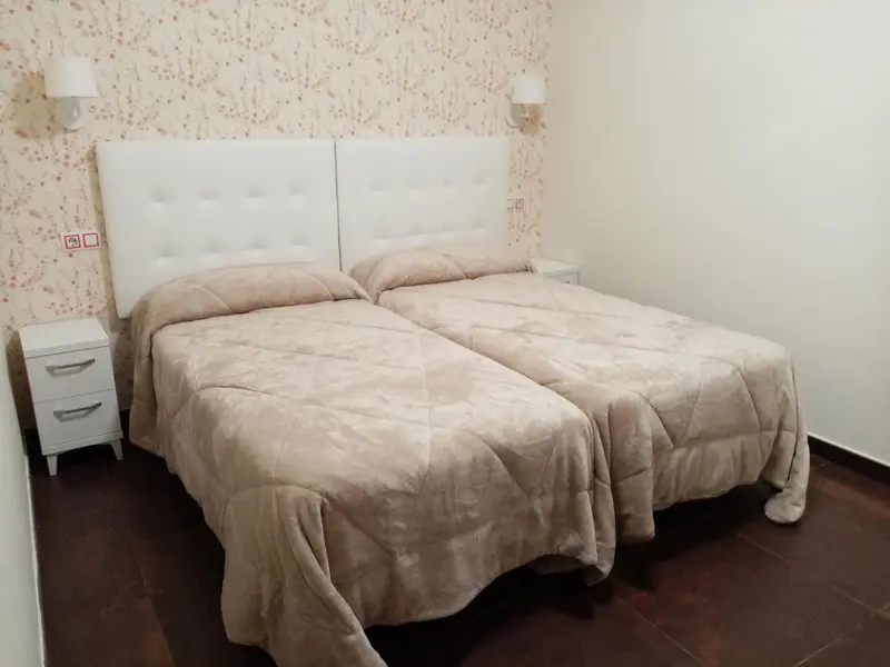 Une chambre avec deux lits simples et une décoration florale sur les murs.