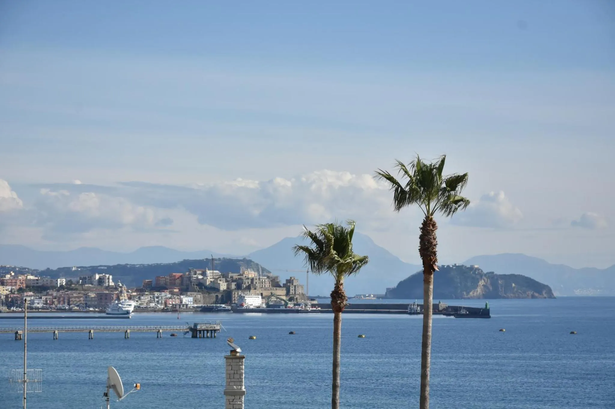 Vue sur la mer et la côte avec des palmiers au premier plan.