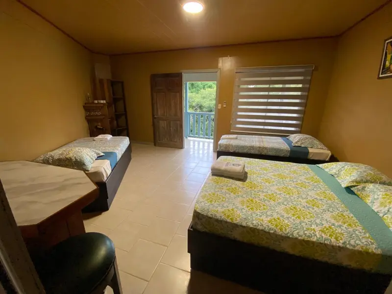 Une chambre lumineuse avec plusieurs lits et une porte ouverte sur une vue verdoyante.