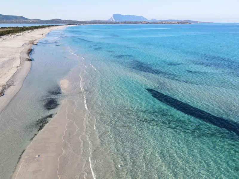 Vue aérienne d'une plage de sable fin bordée par une mer turquoise.