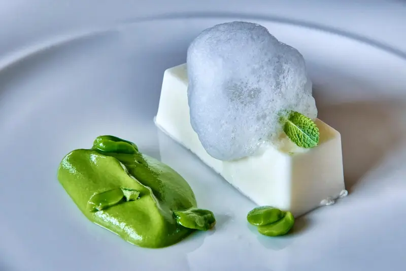 Assiette raffinée avec une préparation à base de légumes verts et d'une mousse blanche.