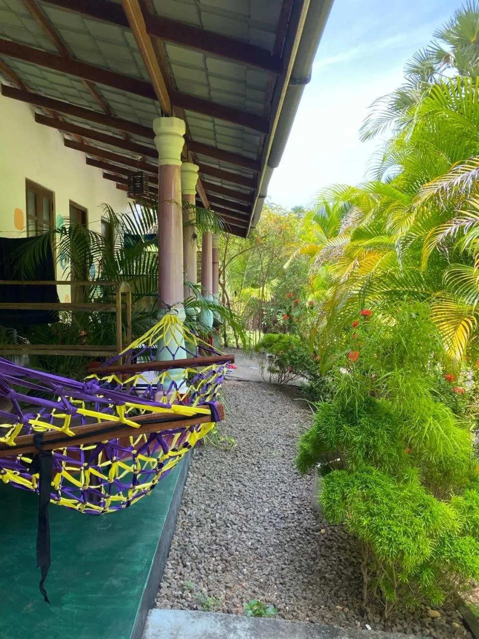 Terrasse ombragée avec un hamac coloré et une végétation luxuriante.