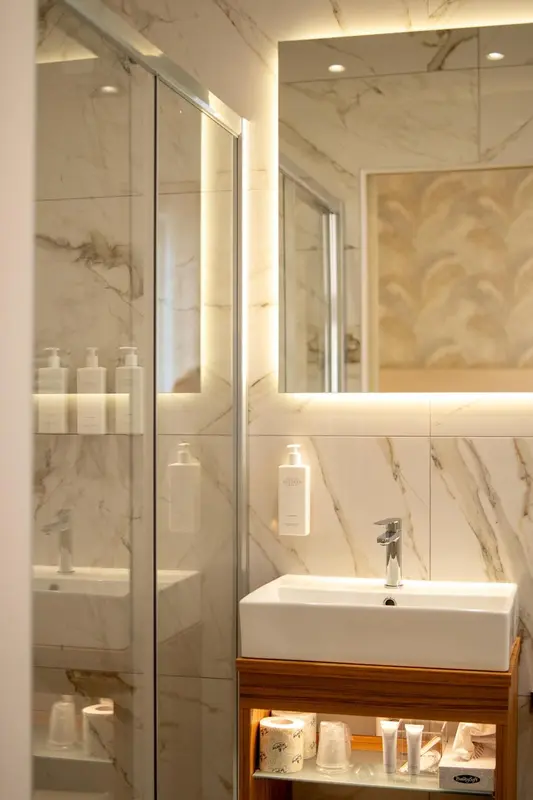 Une salle de bain moderne avec une douche à l'italienne et un lavabo.