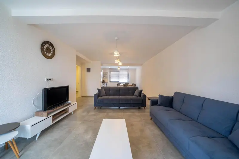Espace de vie lumineux avec canapés et télévision.