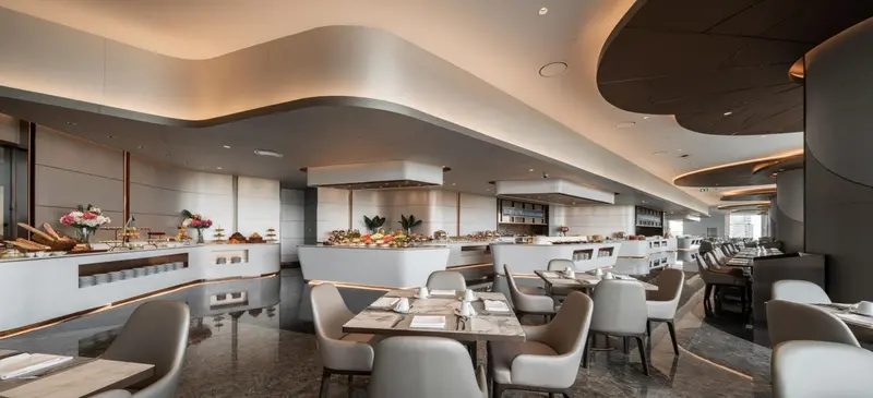 Une salle lumineuse avec des tables dressées et un buffet garni.