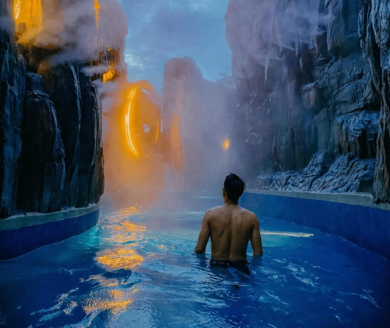 Une personne se tient dans une piscine artificielle aux parois rocheuses illuminées.
