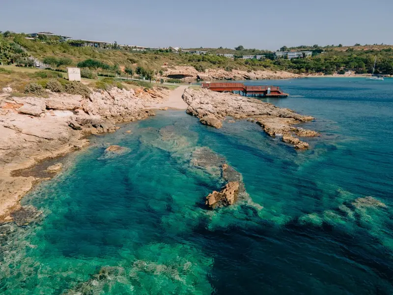 Vue aérienne d'une crique rocheuse avec une eau turquoise et un ponton en bois.