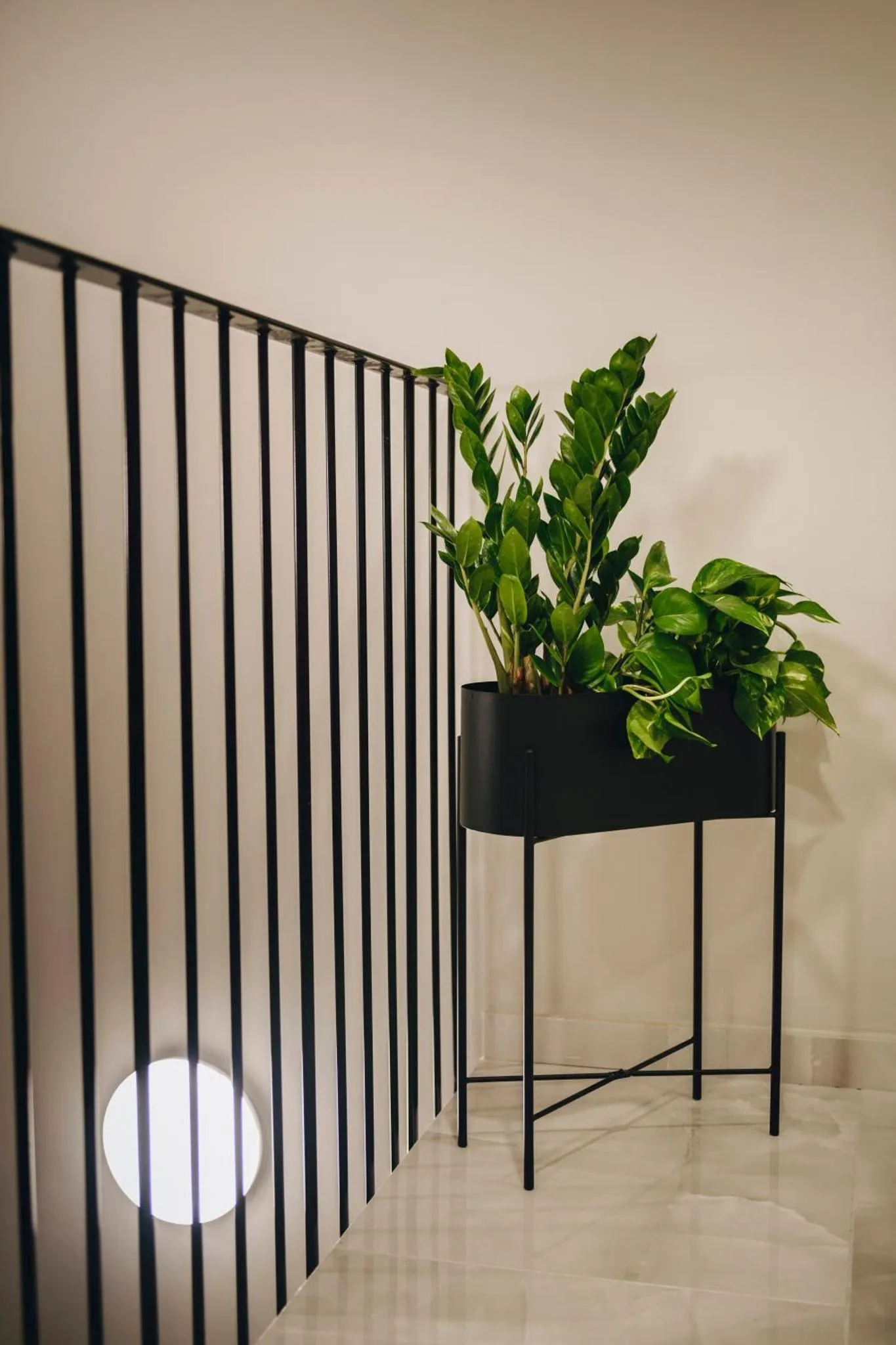 Une plante verte orne un balcon avec une rambarde sombre et un éclairage mural.