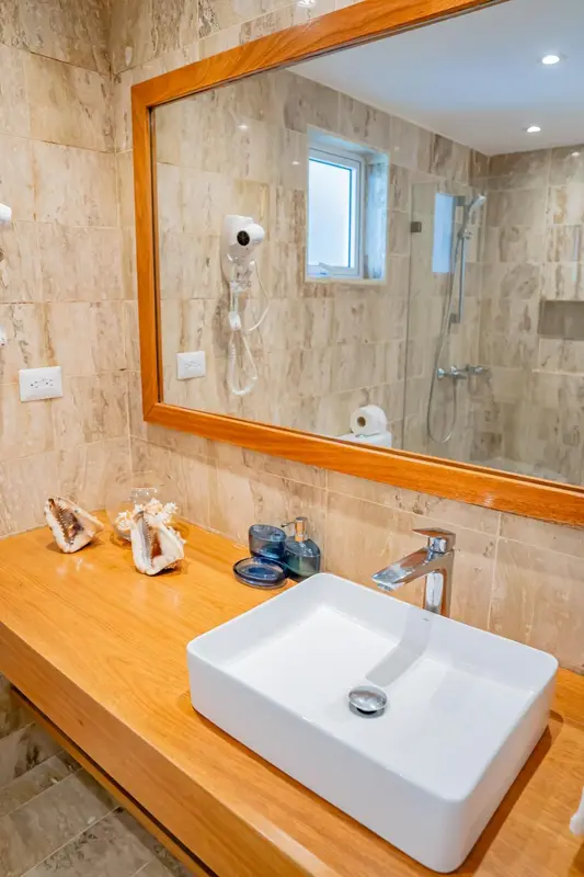 Une salle de bain lumineuse avec une douche à l'italienne et un lavabo sur un meuble en bois.