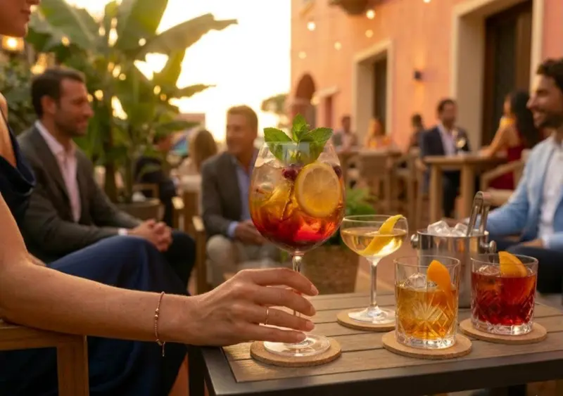 Des cocktails colorés sont servis sur une terrasse ensoleillée.