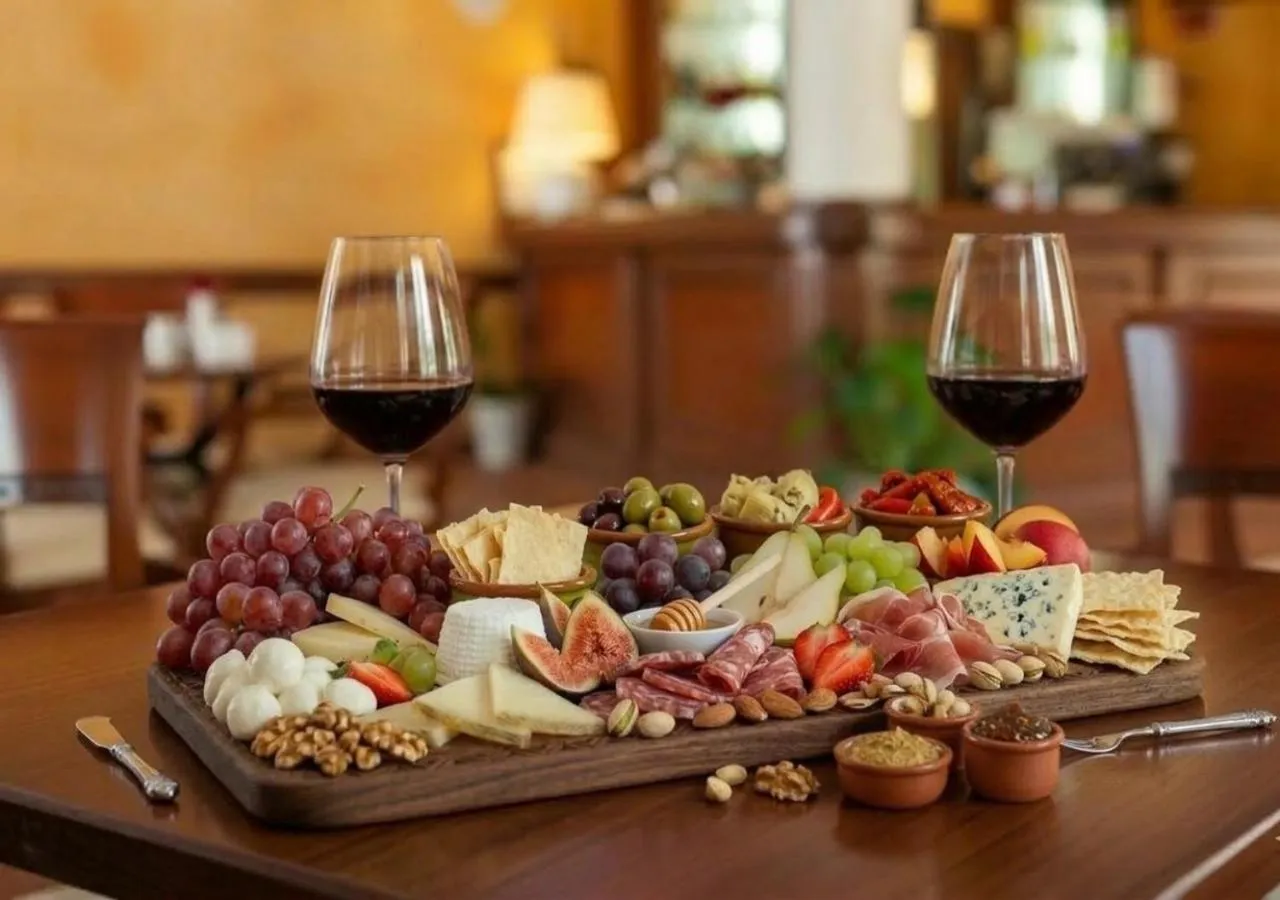 Une table en bois présente une sélection de fromages, de charcuteries, de fruits et de noix.
