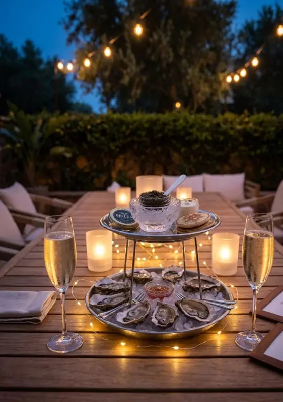 Une table dressée avec des huîtres et des verres de champagne est éclairée par des bougies et des guirlandes lumineuses.