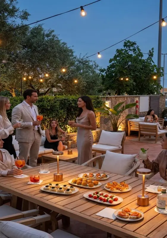 Une table dressée avec des boissons et des amuse-gueules sur une terrasse éclairée par des guirlandes lumineuses.