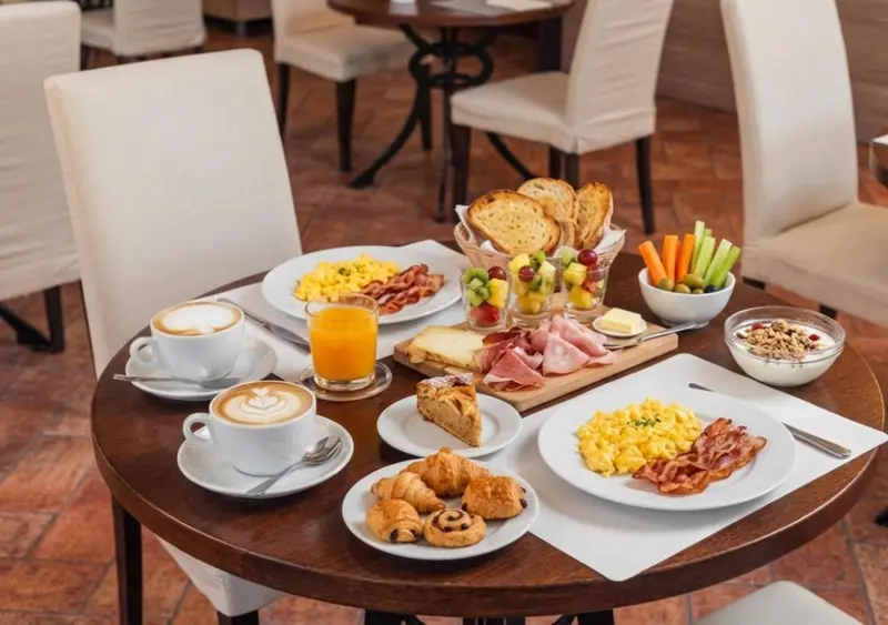 Une table ronde est dressée pour le petit-déjeuner avec des viennoiseries, des fruits et des œufs.