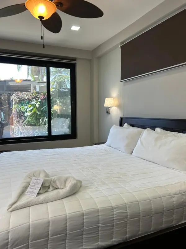Une chambre lumineuse avec un grand lit recouvert d'une courtepointe blanche et une fenêtre donnant sur une végétation tropicale.