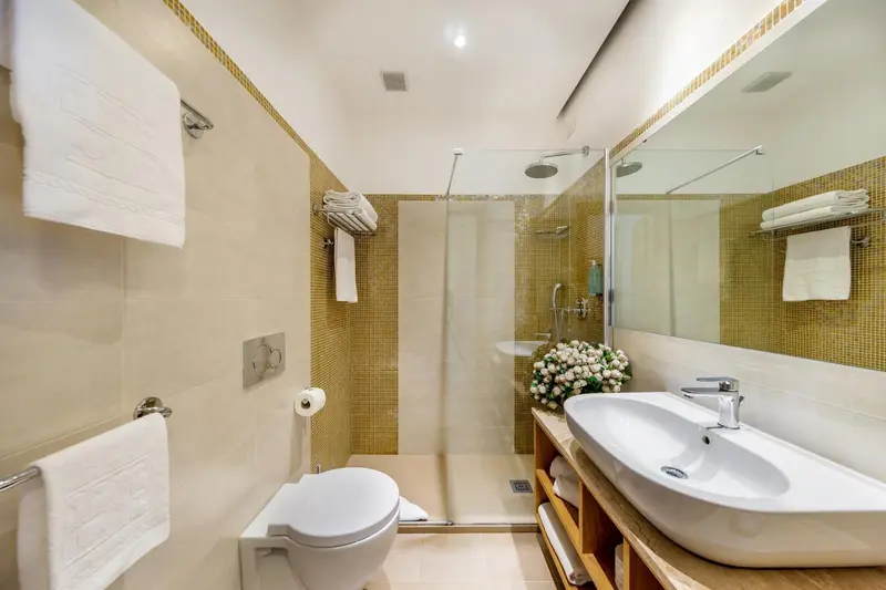 Salle de bain moderne avec douche à l'italienne et lavabo blanc.
