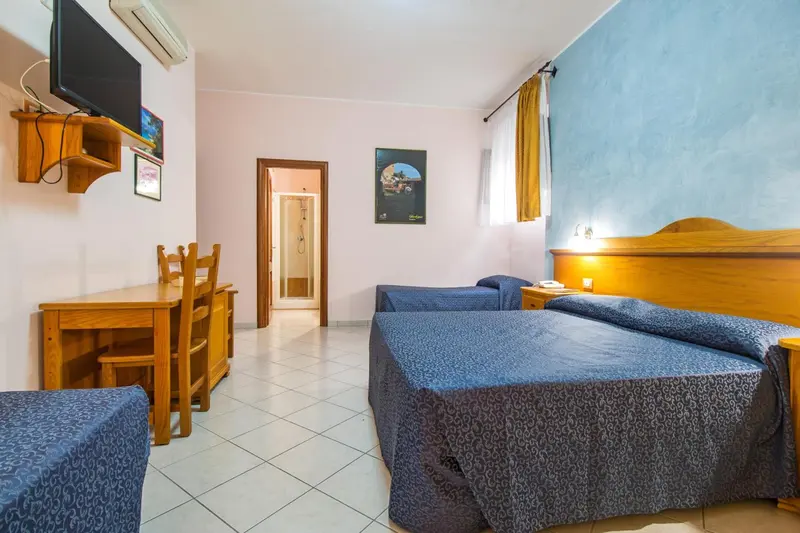 Une chambre avec un lit, une table et un bureau.