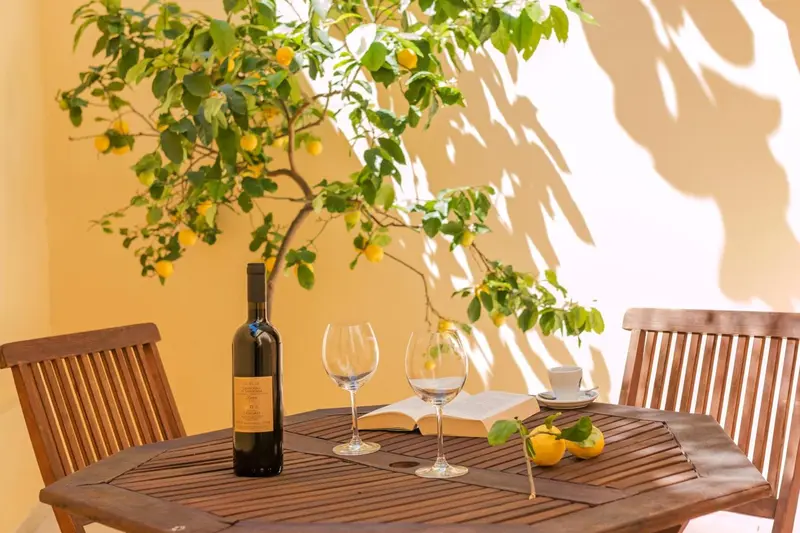 Une table en bois est mise en scène avec une bouteille de vin, des verres et un livre.