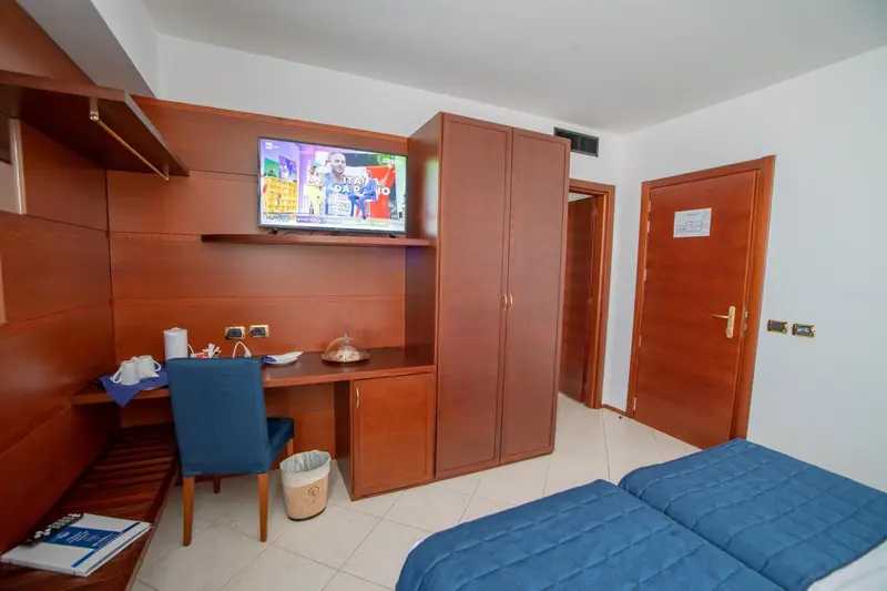 Une chambre d'hôtel avec un bureau, une télévision et un lit.