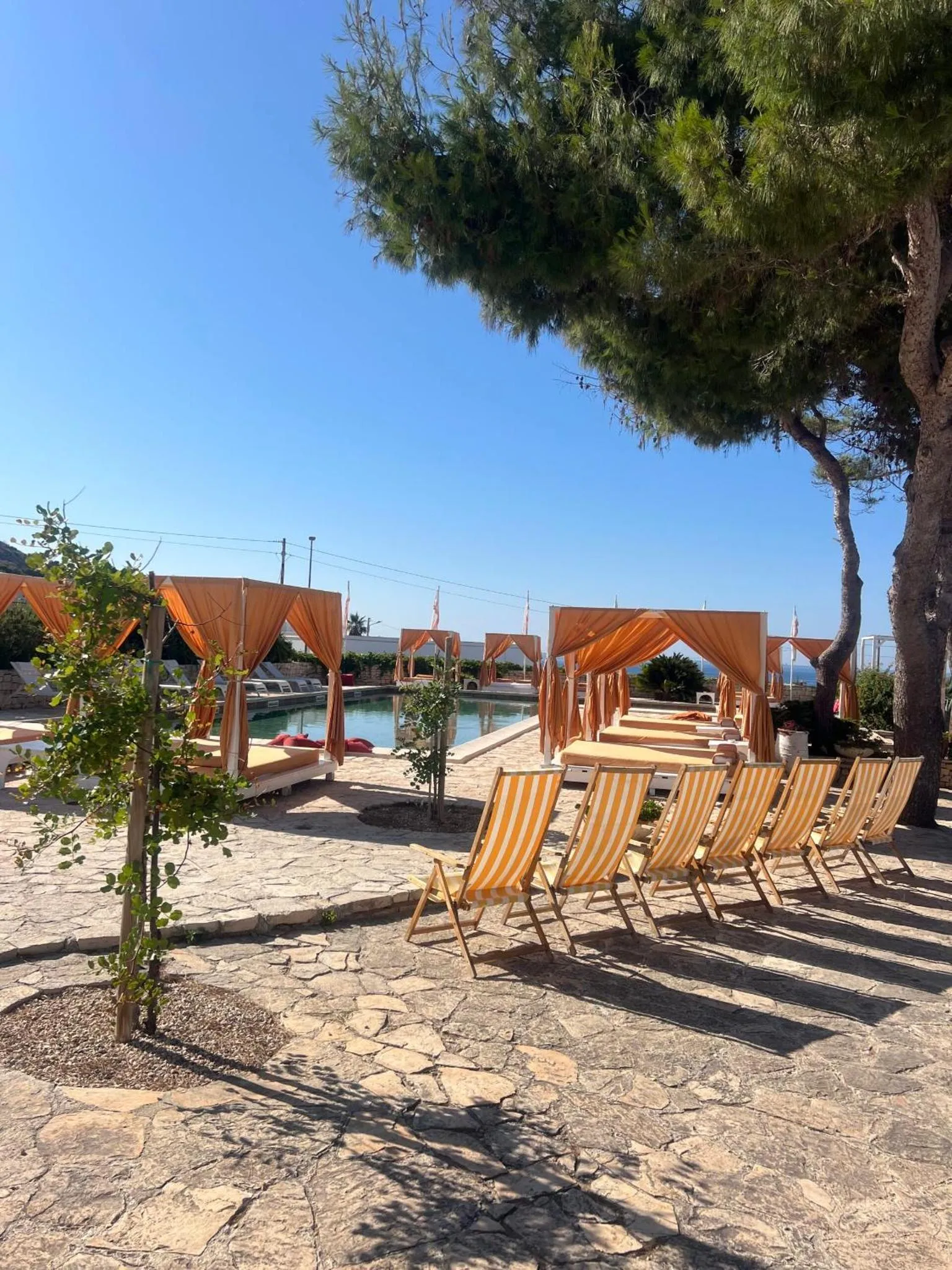 Espaces de repos ombragés avec des transats et des parasols près d'une piscine.