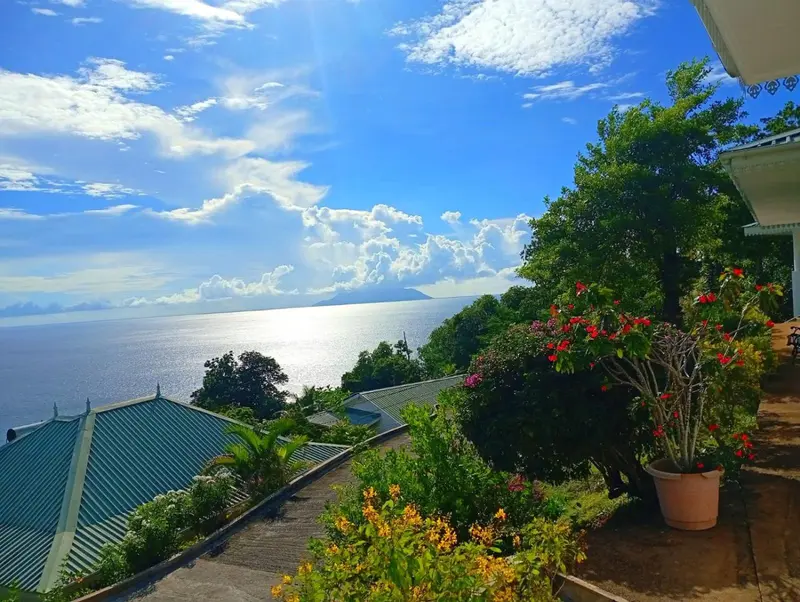 Vue panoramique sur la mer et les collines verdoyantes.