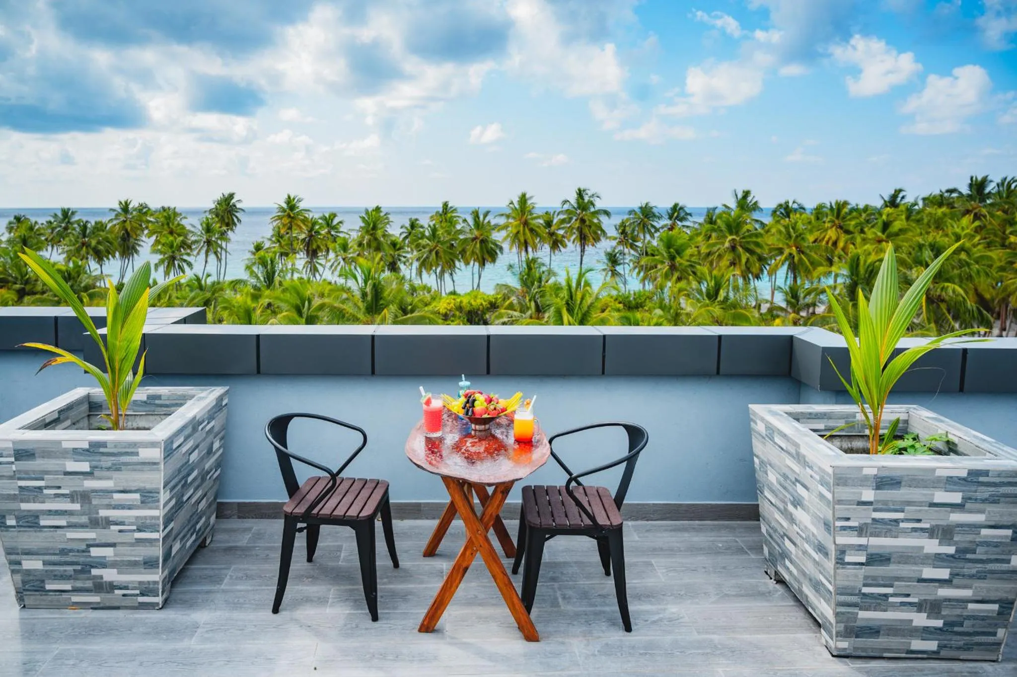 Une table avec des boissons et des fruits est mise en scène sur une terrasse avec vue sur la mer et la végétation.
