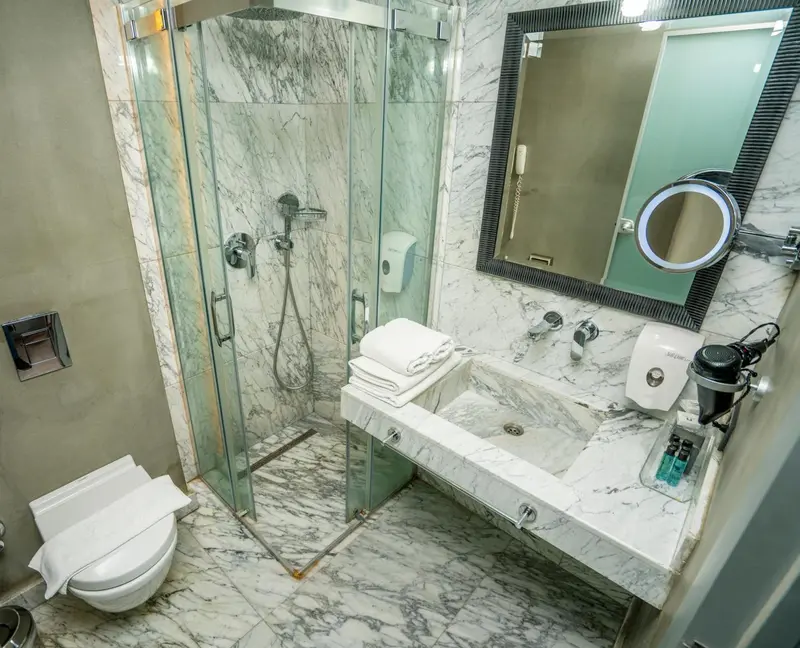 Une salle de bain moderne avec douche à l'italienne et lavabo.