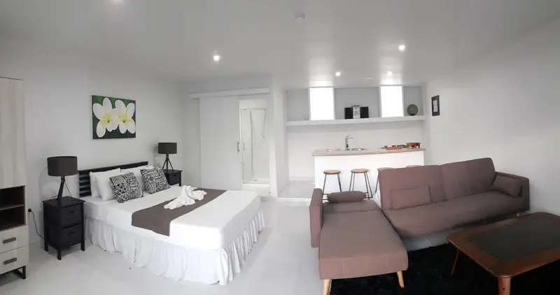 Espace de vie lumineux avec un lit, un canapé et une kitchenette.
