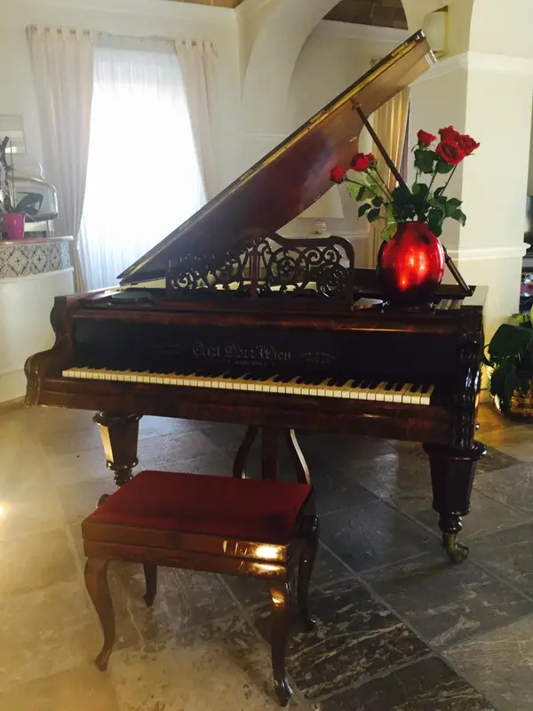 Un piano à queue brun est décoré de roses rouges dans un intérieur lumineux.
