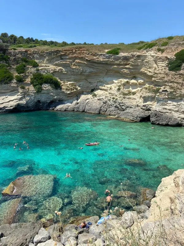 Une crique turquoise bordée de falaises rocheuses et de végétation.