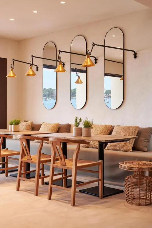 Une salle à manger lumineuse avec des tables en bois et des miroirs décoratifs.