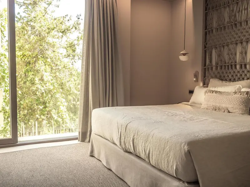 Une chambre lumineuse avec un grand lit et une vue sur la végétation.