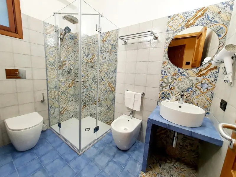 Une salle de bain lumineuse avec une douche à l'italienne et des carreaux décoratifs.