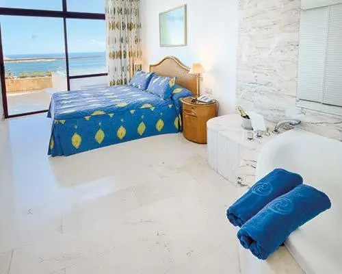 Chambre lumineuse avec un grand lit et une baignoire.