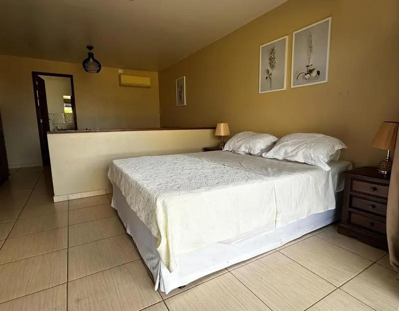 Une chambre lumineuse avec un grand lit recouvert d'une courtepointe blanche.