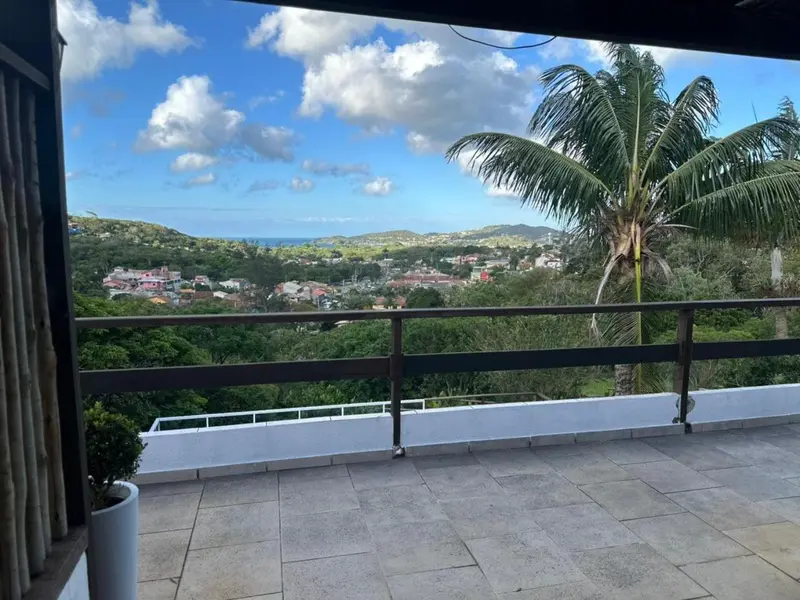 Vue panoramique sur une colline verdoyante et la mer depuis une terrasse.