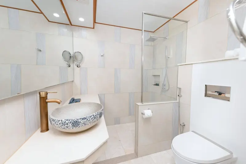 Une salle de bain moderne avec douche à l'italienne et lavabo décoratif.