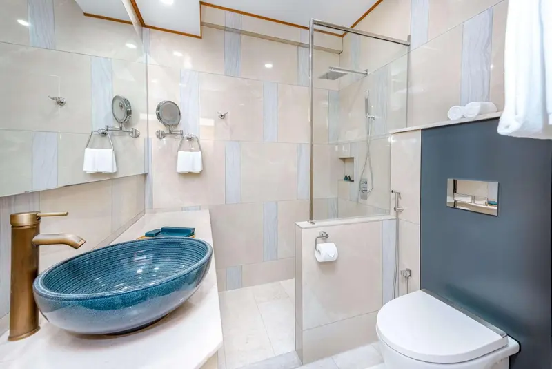 Une salle de bain moderne avec une douche à l'italienne et un lavabo design.