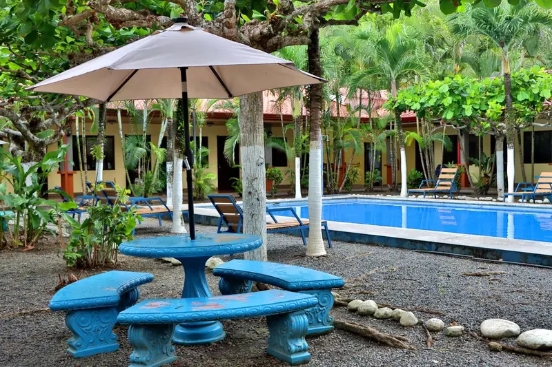 Une piscine turquoise est entourée de chaises longues et de végétation luxuriante.