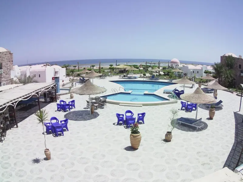 Vue aérienne d'une piscine entourée de chaises longues et de parasols.